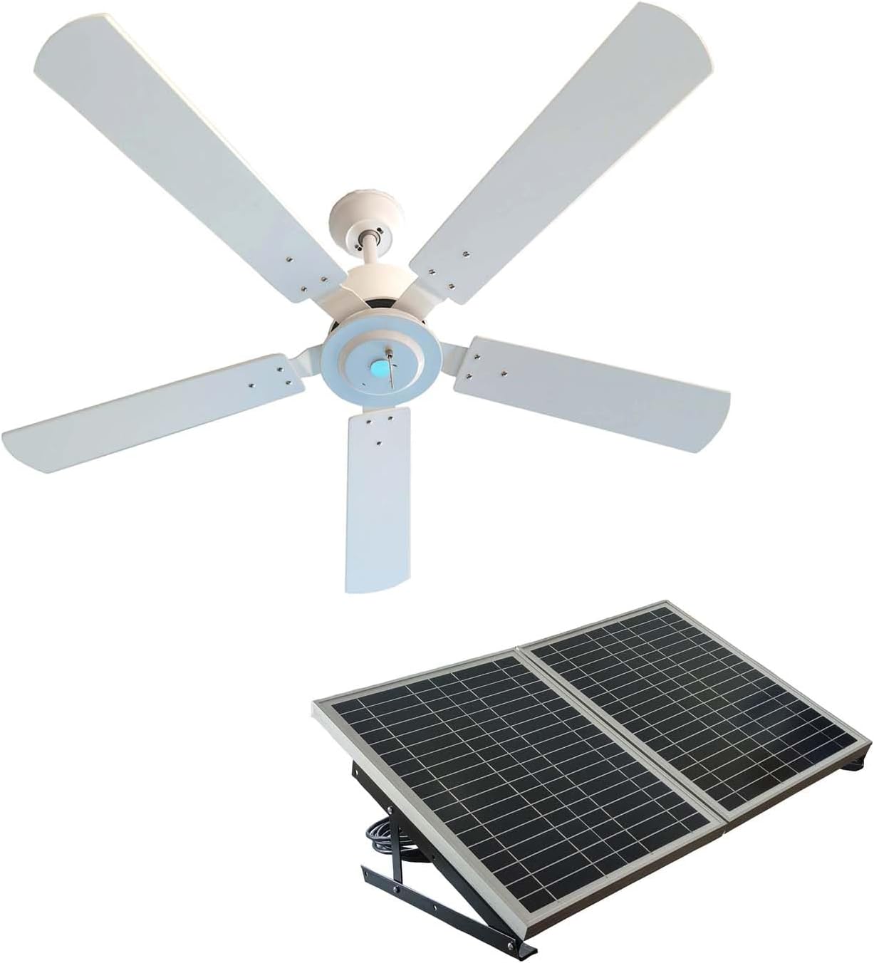Outdoor 52' solar ceiling fan with white wooden blades total 40W solar panel for porches, patios, gazebos, breezeways (extra cable version ceiling fan, 5&10 inch downrod)