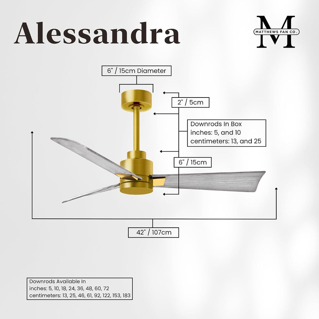 Matthews AK-BRBR-BW-42 Alessandra Wet Rated 42' Outdoor Ceiling Fan without Light, Remote Included, Silent DC Motor, Brushed Brass with Barn Wood Tone