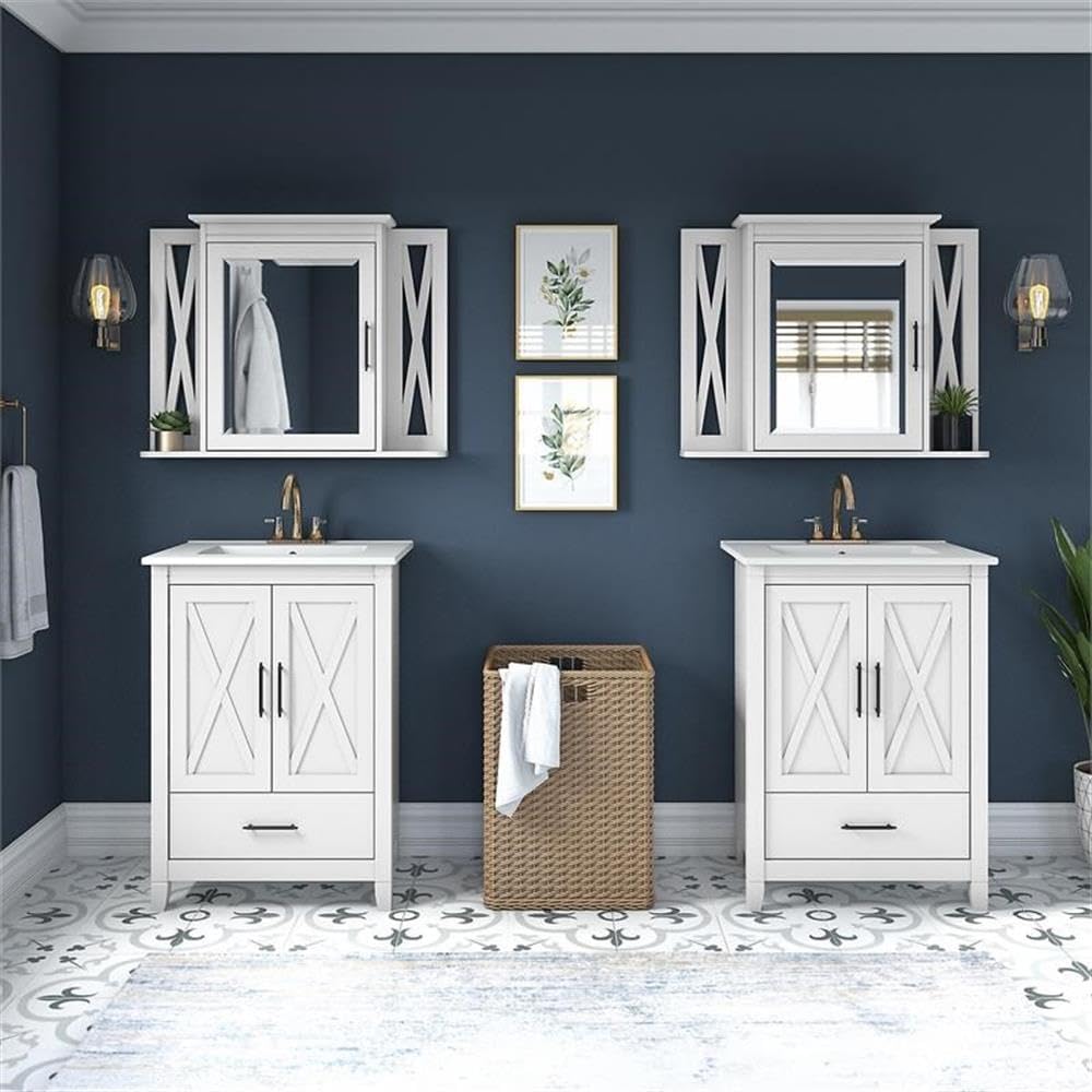 Bush Home Key West 48W Double Vanity Set with Sinks and Medicine Cabinets in White Ash