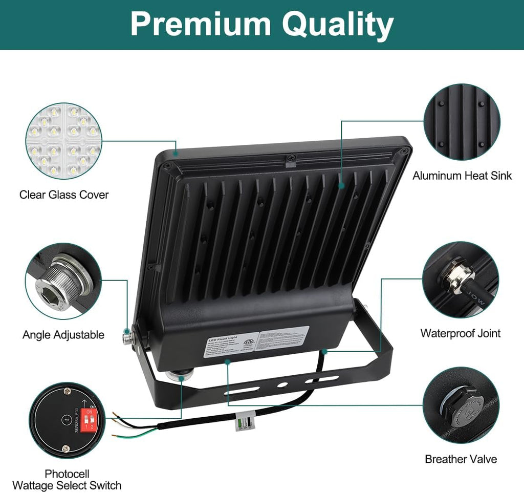 kadision LED Flood Light with 4 Selectable Wattage 200W/150W/100W/75W, Dusk-to-Dawn Photocell, 22000lm 5000K 100-277V IP66 Waterproof Trunnion Mount Outdoor Parking Lot Lights, ETL Listed (Pack of 4)