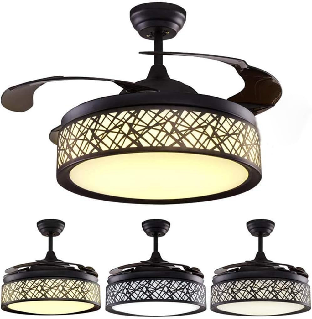 42in Retractable Ceiling Fan with Remote and Lights Black, Modern Silent Chandelier Fans Lighting with 3 Light Colors 3 Speed for Dining/Living Room Hotel