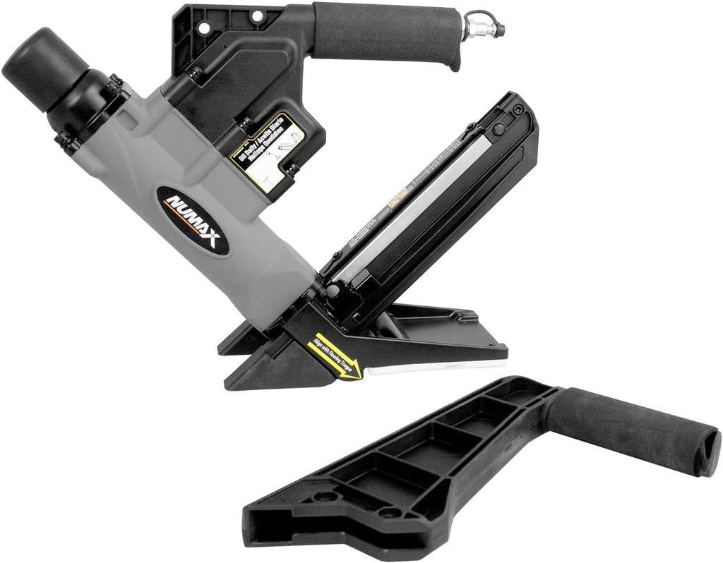 NuMax S50LSDH Pneumatic 2-in-1 15.5-Gauge and 16-Gauge 2' Dual Handle Flooring Nailer / Stapler with Flooring Mallet and Interchangeable Base Plates