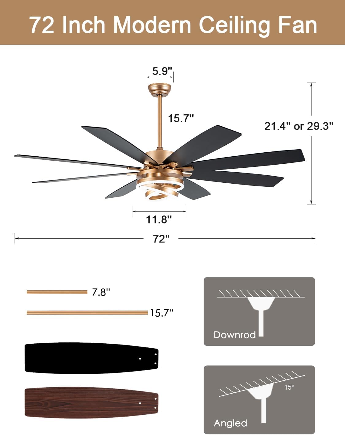 72 Inch Black and Gold Ceiling Fan with Lights and Remote Modern Fandelier Ceiling Fan Large Chandelier LED Light, Reversible DC Motor 3CCT Dimmable 6 Speed for Living Room Indoor Outdoor