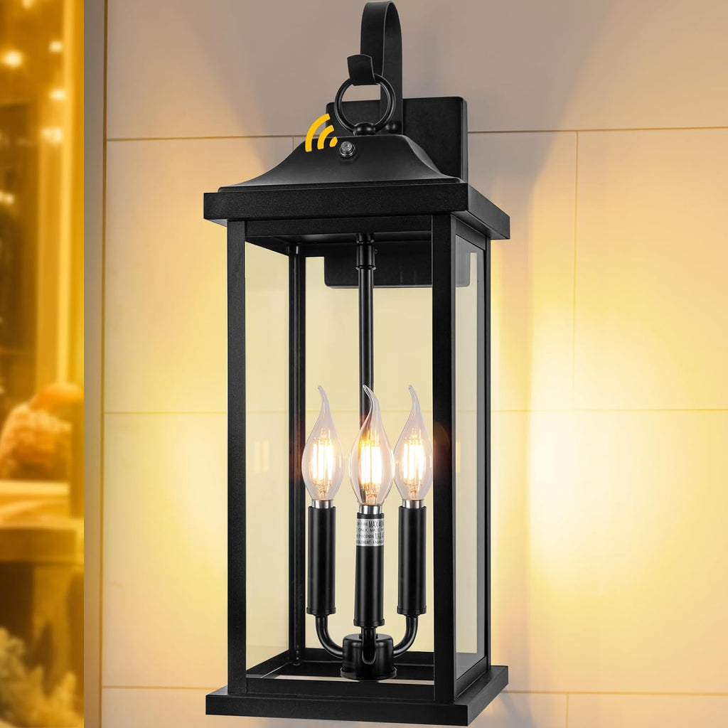 23' Dusk to Dawn Outdoor Lighting Extra Large 1 Pack, 3-Light Candelabra Front Porch Light with Photocell Sensor Outside Wall Sconce Modern Exterior Lighting Fixture Carriage Light, E12