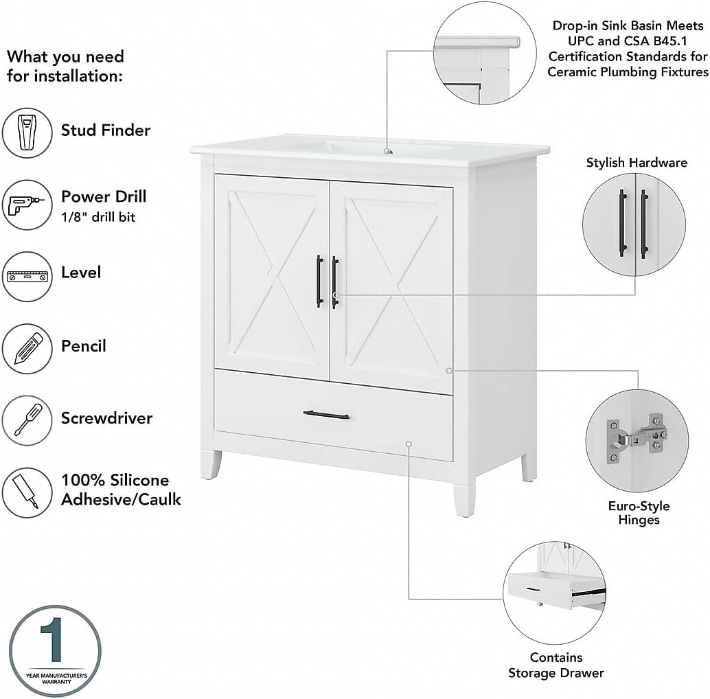 Bush Home Key West 64W Double Vanity Set with Sinks, Medicine Cabinets and Linen Tower in White Ash