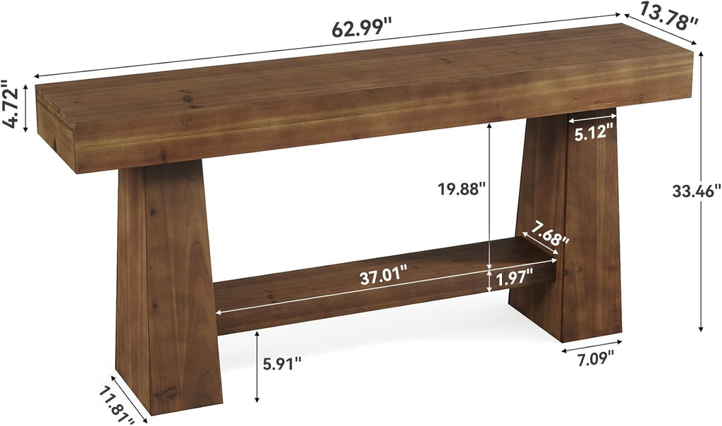 Solid Wood Console Table, 63-Inch Entryway Table with Storage, Long Wooden Sofa Table Behind Couch for Entryway, Hallway, Foyer, Living Room, Brown Wood