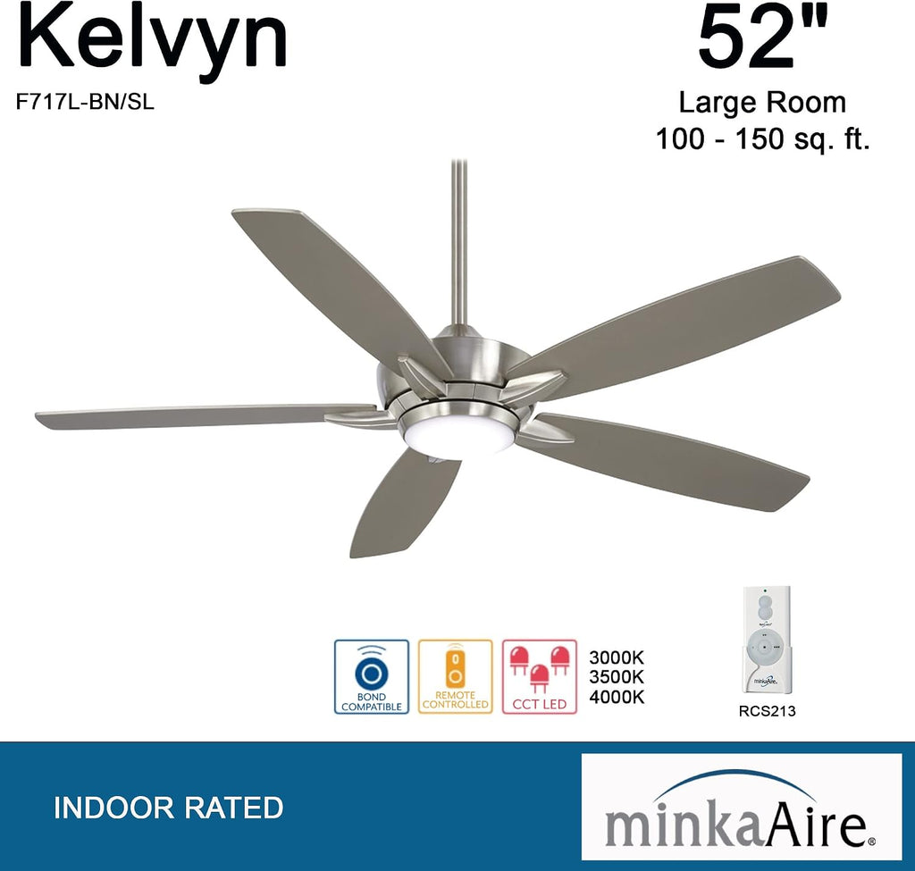 Minka-Aire F717L-BN/SL Kelvyn 52-Inch Ceiling Fan with Integrated CCT LED Light Kit in Brushed Nickel Finish