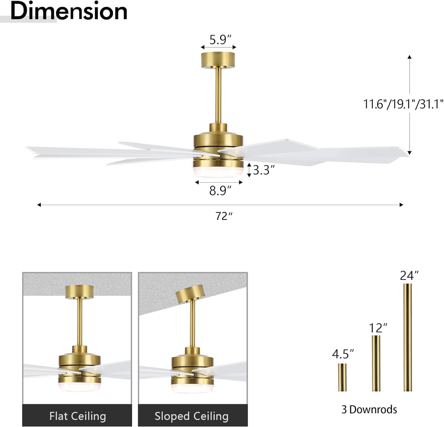 LEDLUX 72' DC Motor Ceiling Fan with Light, 6-Speed Remote Control, Reversible Motor, Modern 9 Blades Ceiling Fan 4.5'/12'/24' Downrods for Home or Commercial, Living Room/Restaurant White/Gold