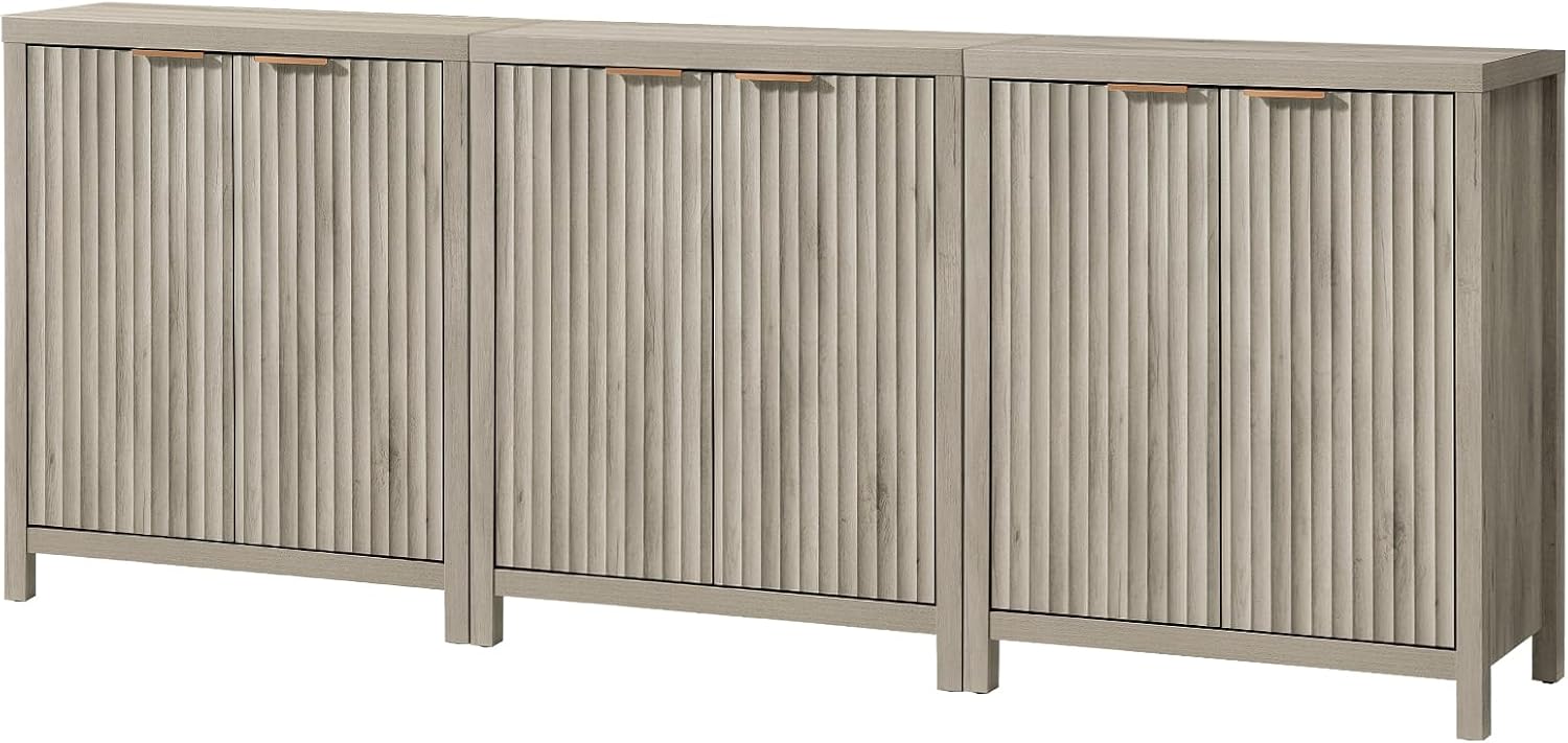 OAKHAM HOME Oxford Storage Cabinet Fluted Sideboard Buffet with Adjustable Shelves, Modern Accent Console Set of 3 (Grey)