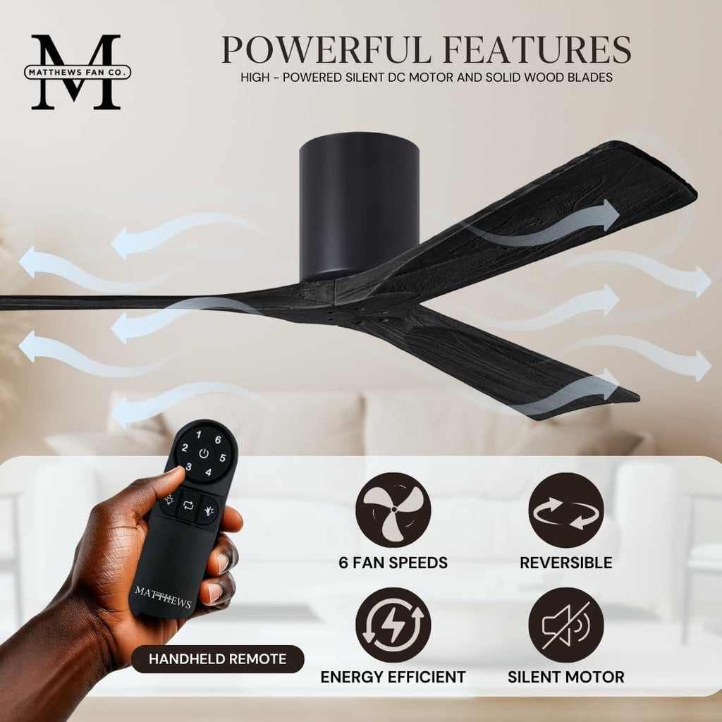 Matthews IR3H-BK-BK-42 Irene Damp Rated Flush Mount 42' Ceiling Fan with Remote & Wall Control, Silent DC Motor, 3 Solid Wood Blades, Matte Black