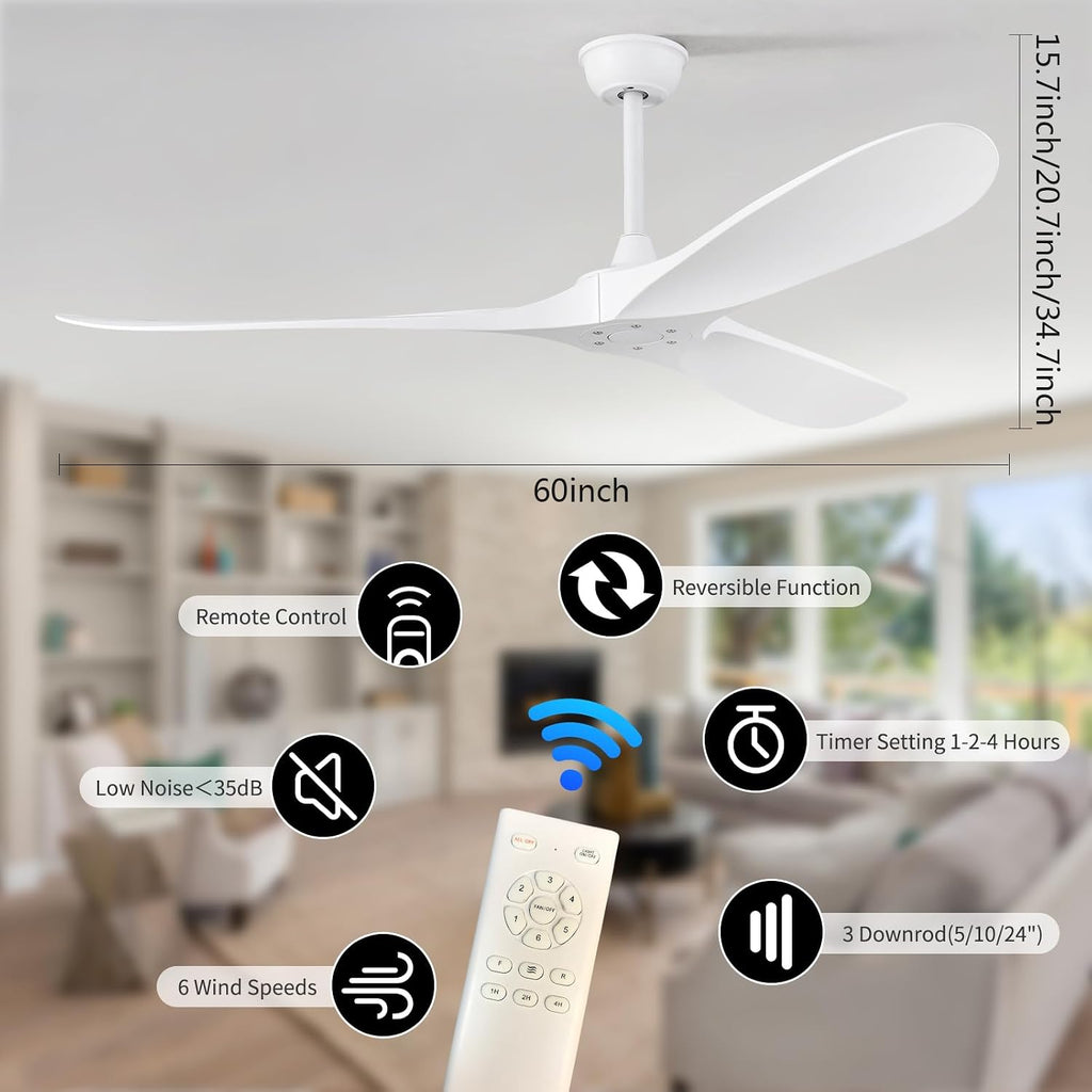 60'' Ceiling Fan No Light with Remote Control,Outdoor Ceiling Fan with DC Reversible and Silent Motor,3 Plastic Blades,Modern White Fan for Patios,Living Room,Bedroom