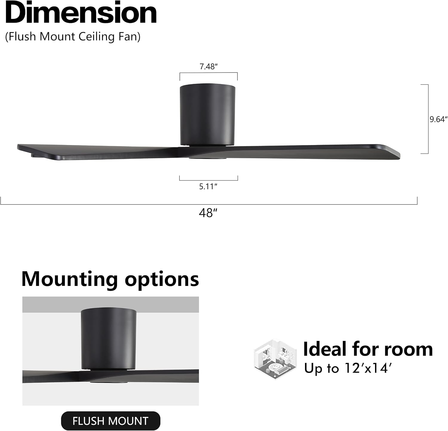 WINGBO 48 Inch Flush Mount DC Ceiling Fans without Lights, 5 Carved Solid Wood Blades, 6-Speed Reversible DC Motor, Low Profile Hugger Ceiling Fan No Lights for Indoor and Outdoor, Matte Black
