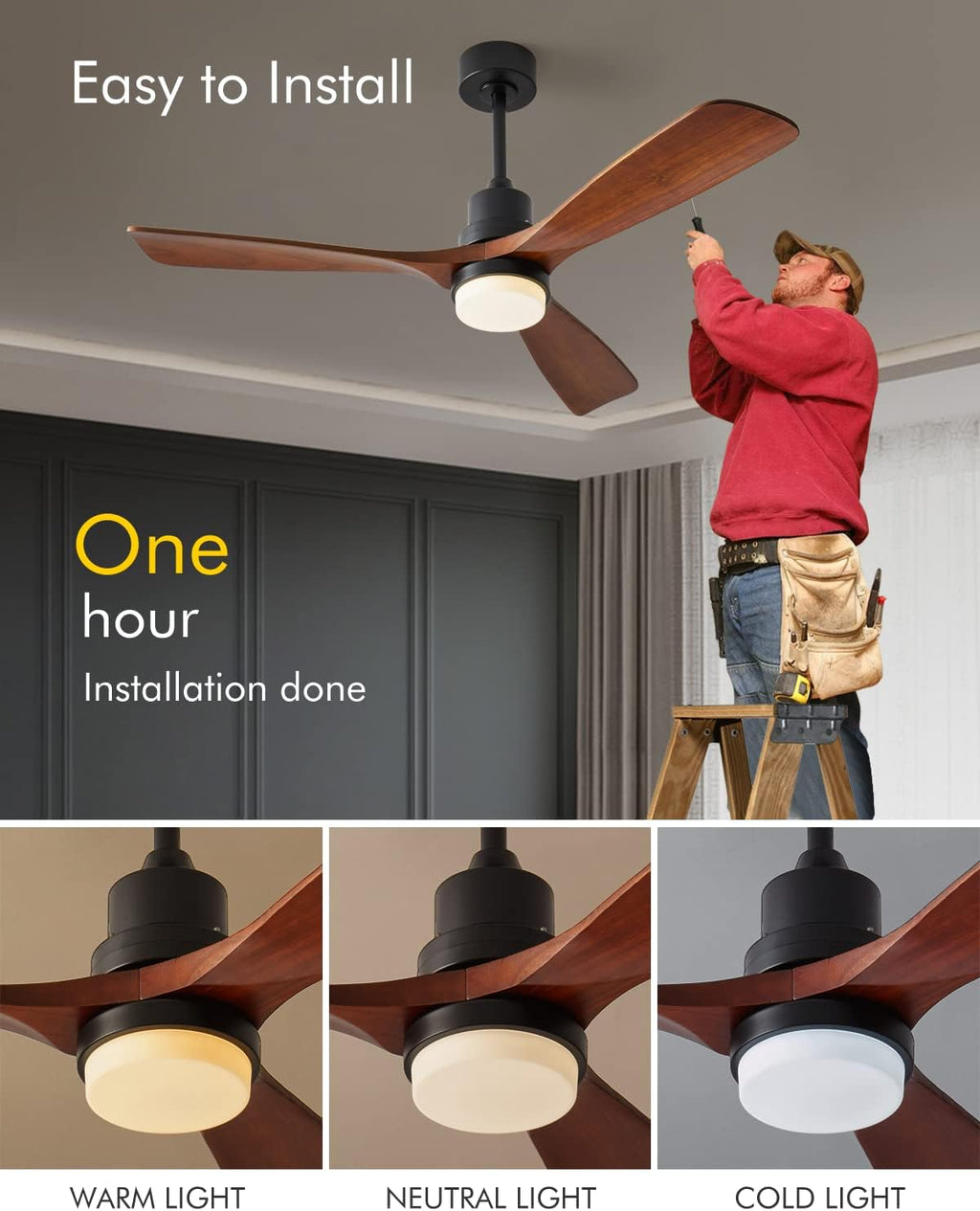 Modern Ceiling Fans with Lights, 3 Wood Fan Blades, 52' Black with Remote Control, Noiseless Reversible DC Motor for Bedroom/Living Room/Study/Patio