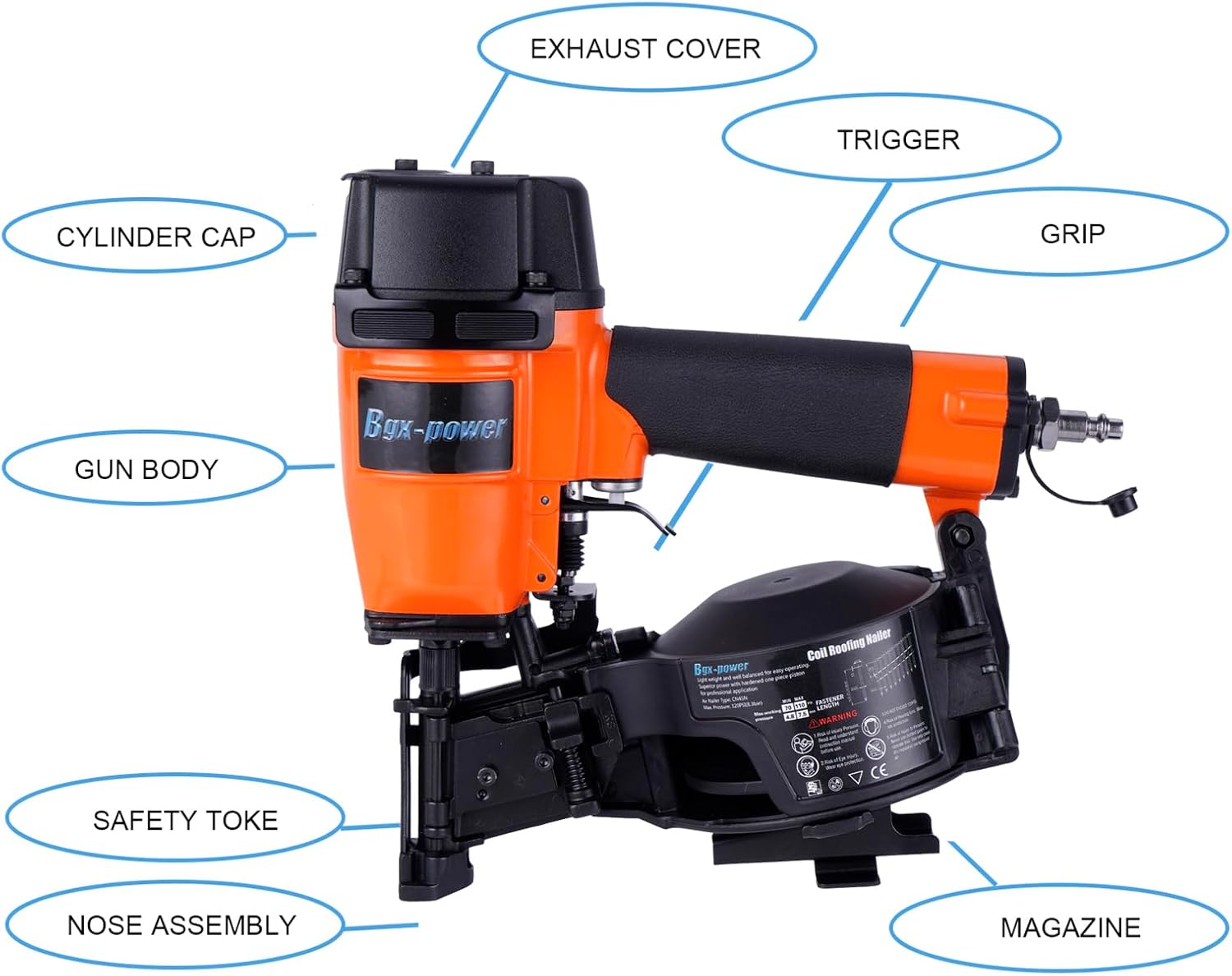 Roofing Nail Gun, 15 Degree CN45N Roofing Nailer 3/4-Inch to 1-3/4-Inch Coil Nails, 120-pcs Load Capacity Coil Nailer