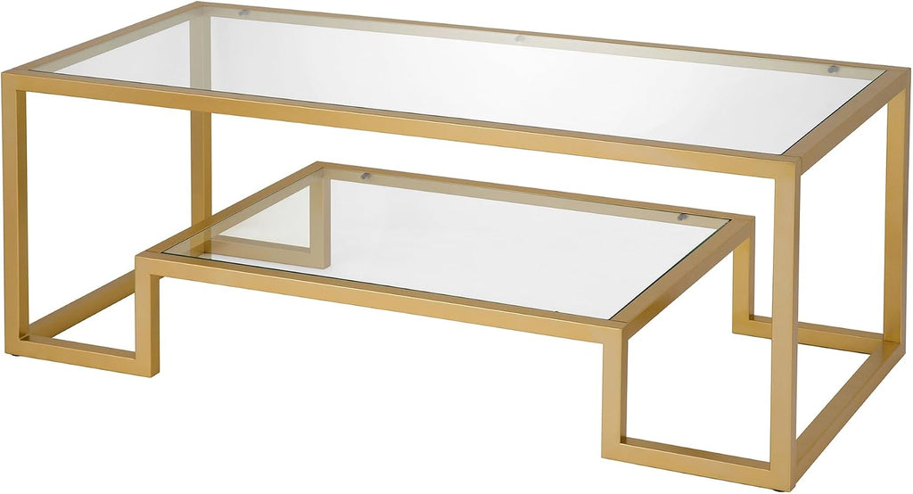 Henn&Hart 45' Rectangular Coffee Table with Glass Top and Raised Lower Shelf for Living Room, Family Room, or Office, Gold