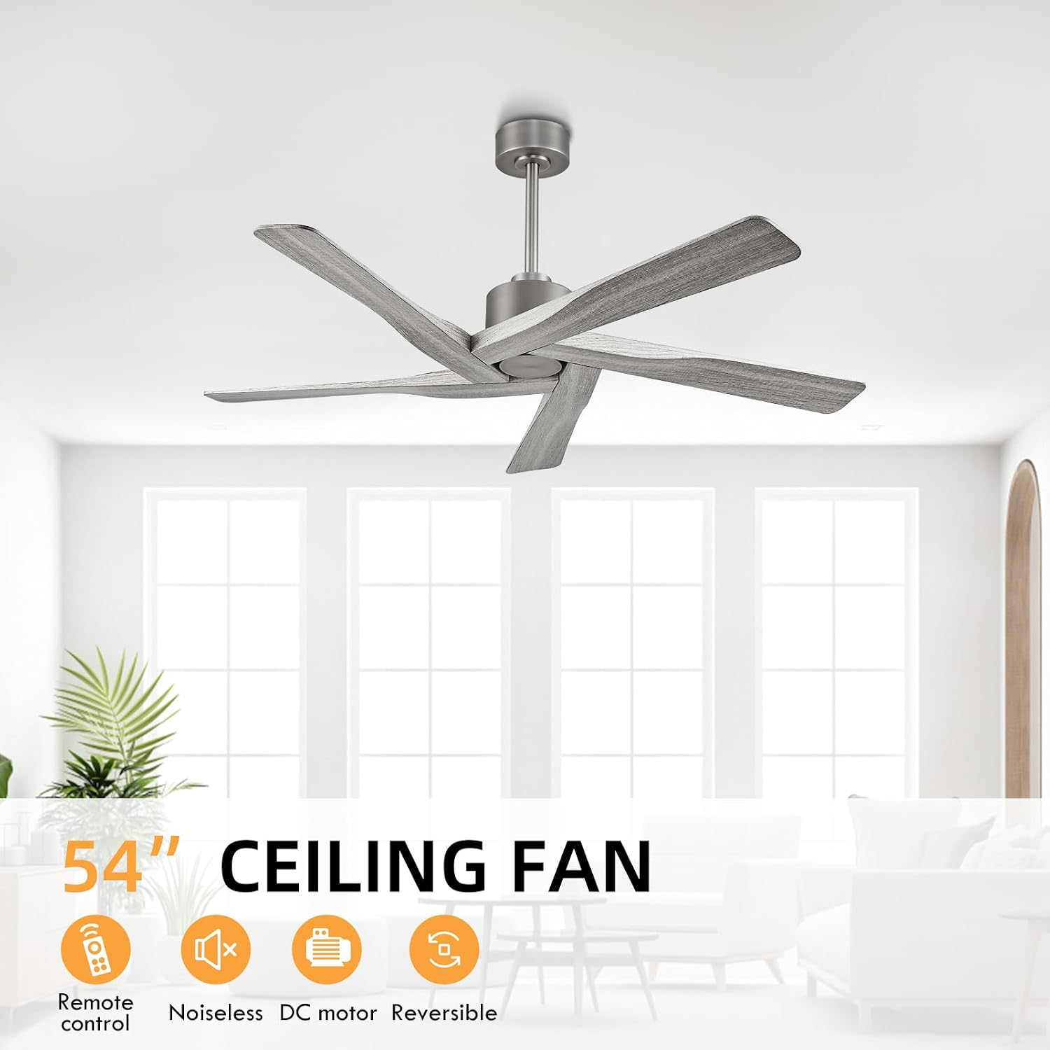 WINGBO 54' ABS DC Ceiling Fan No Light, 5 Blade Wood Grain ABS Ceiling Fan with Remote, 6-Speed Reversible DC Motor, Ceiling Fans without Light for Kitchen Bedroom Living Room, Antique Nickel and Grey