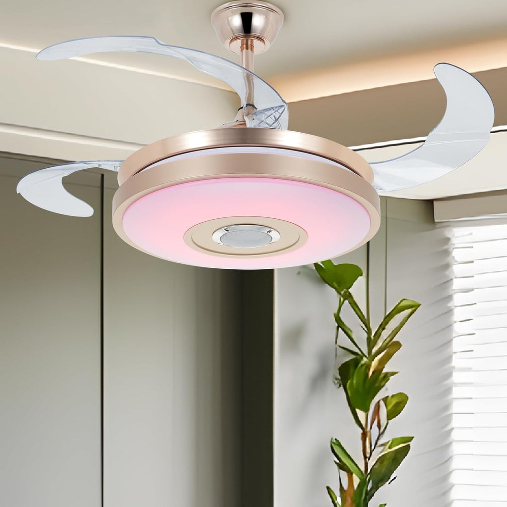 42' Modern Smart Bluetooth Ceiling Fans with Lights and Remote Control, Rose Gold Retractable Chandelier Fan Lighting with Speaker Play Music 7 Colorful Dimmable Fixture for Living Room