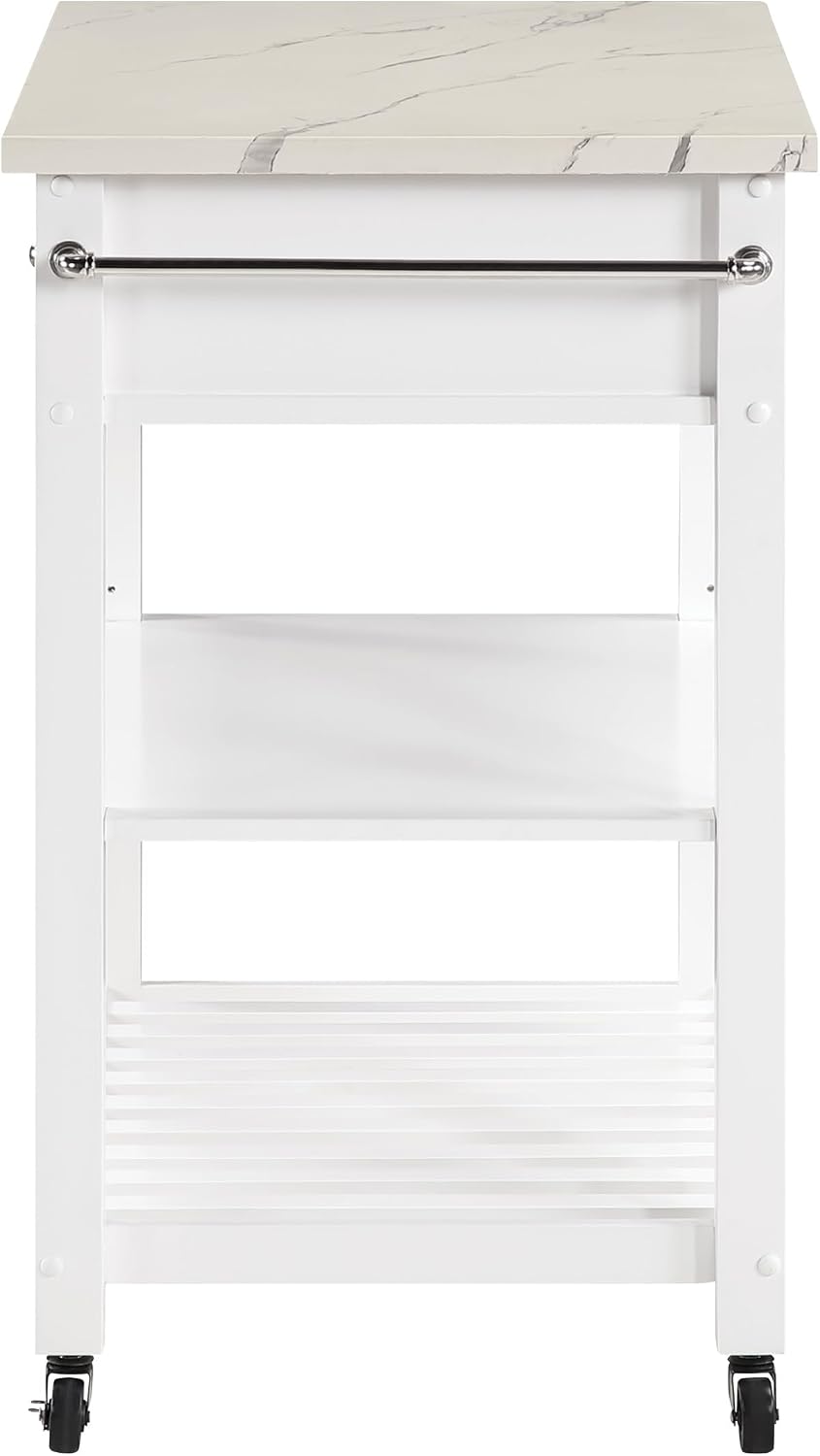 OSP Home Furnishings Litchfield Modern Farmhouse Kitchen Cart, Solid Wood Frame with Storage Drawers, Shelves, Locking Casters, White with Faux Marble Top