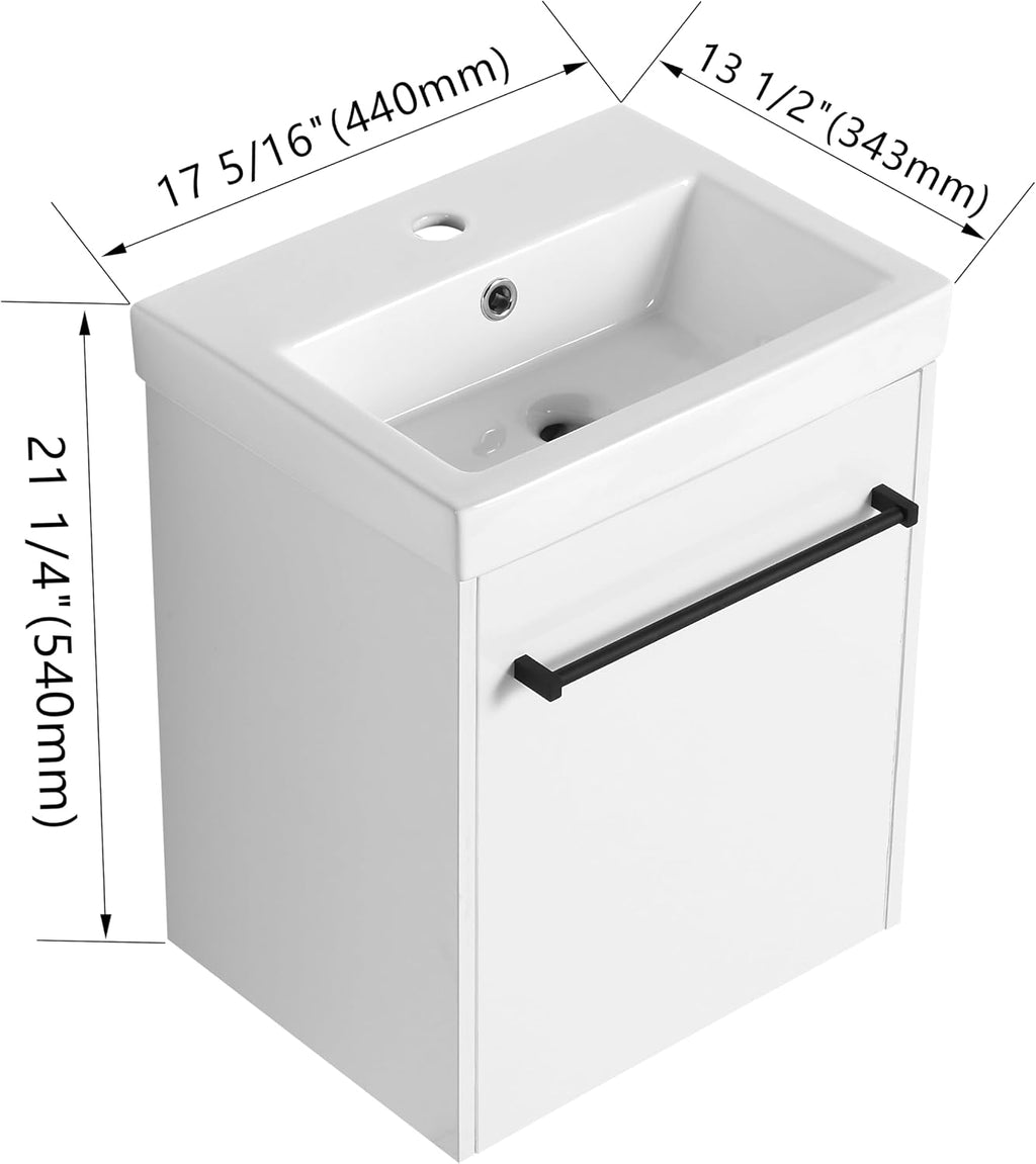 Glemab 17.31' Floating Wall-Mounted Bathroom Vanity, Wall-Mounted Storage Cabinet with Ceramic Sink, Soft-Close Cabinet Door, Bathroom Vanity with Ceramic Sink, White