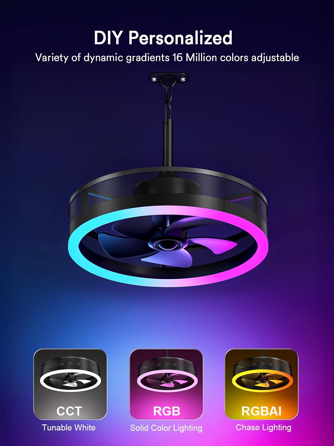 Lumary Smart Outdoor Ceiling Fans with RGBAICW Lights Pro, Wi-Fi Bluetooth Connect, 40+ Scene, Work with Alexa Google, Waterproof Plug in Caged Fan with Hook/Remote/APP Control for Patios Gazebo, 20in