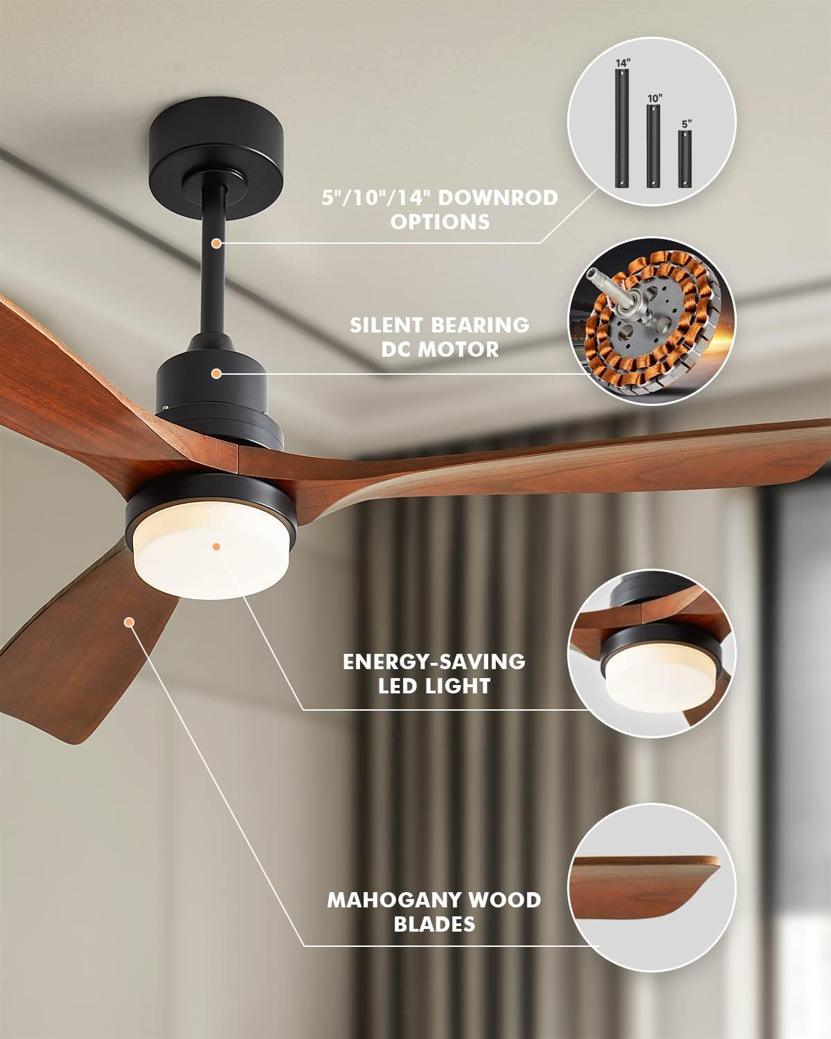 Ceiling Fans with Lights, 60' Wood Ceiling Fan with Remote Control, 3 Walnut Fan Blades Reversible Quiet DC Motor 6 Speeds Timing Farmhouse Ceiling Fan for Bedroom/Living Room/Study/Porch