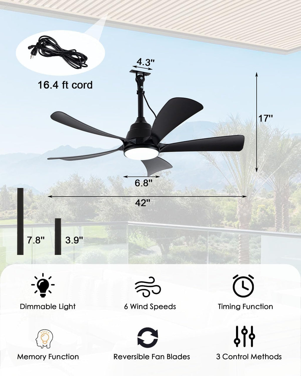 Waterproof Outdoor Ceiling Fan with Lights, IP65 Hanging Gazebo Fan with App/Remote Control, Plug in Ceiling Fan Light for Porch, Patio (42 inch)