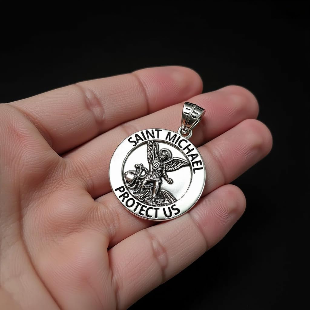 US Jewels Men's 925 Sterling silver 33mm Saint Michael Medal Antique Finish Round Pendant Necklace, 22in to 26in