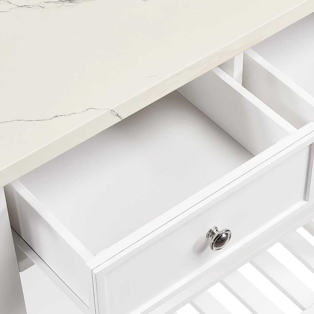 OSP Home Furnishings Litchfield Modern Farmhouse Kitchen Cart, Solid Wood Frame with Storage Drawers, Shelves, Locking Casters, White with Faux Marble Top