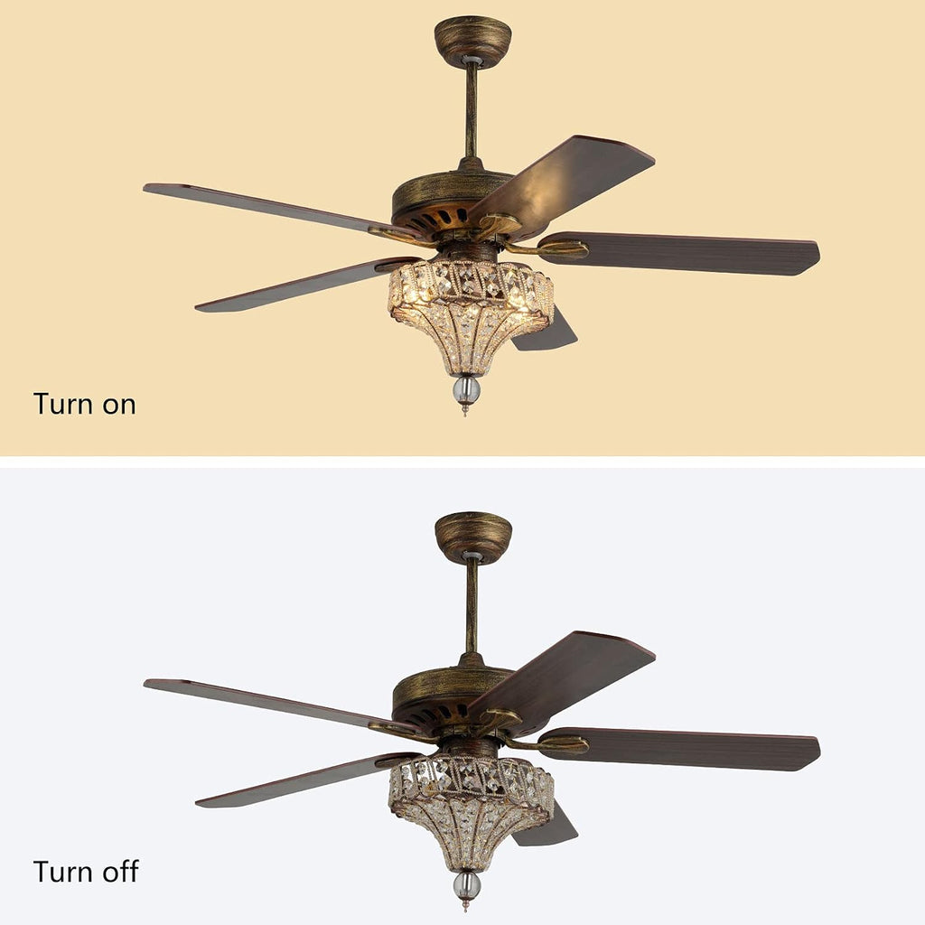 52 Inch Crystal Ceiling Fan, 3-Light Rustic Bronze Ceiling Fan with Lights, Reversible Retro 5 Wood Blades 3 Speeds Timer Light Fixture w/Remote for Kitchen Bedroom Living Room