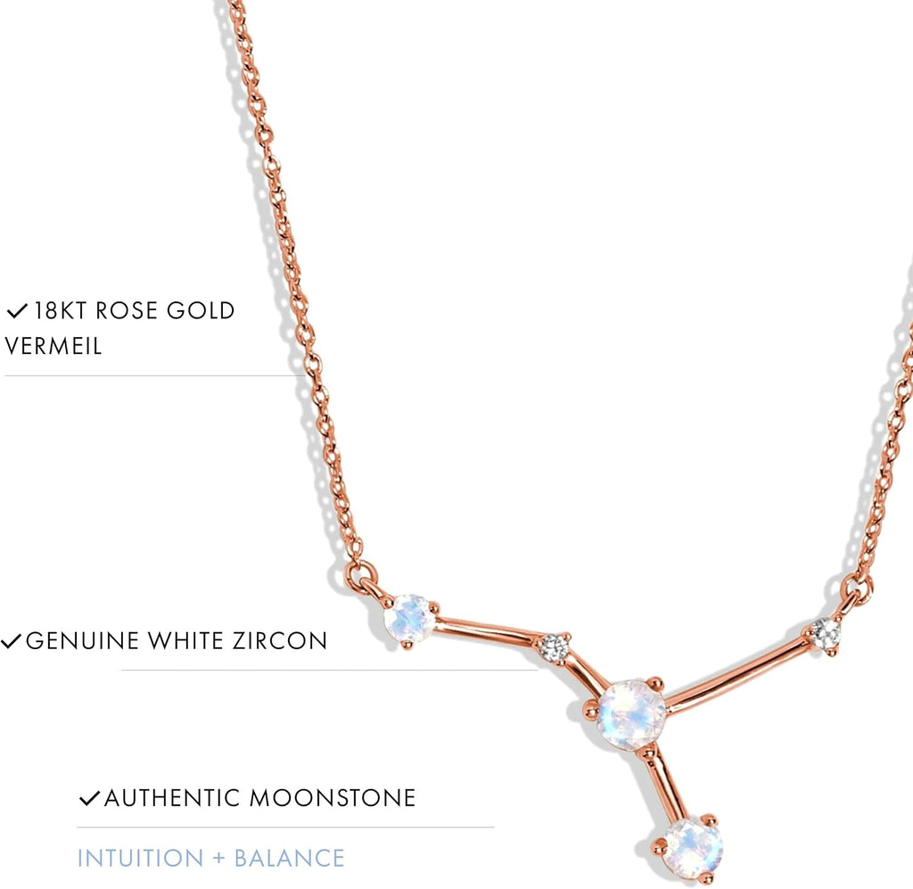 Moon Magic Moonstone Zodiac Necklaces for Women | Constellation Necklace 925 Sterling Silver | 18k Rose and Yellow Gold Zodiac Sign Pendants | Authentic Real Dainty Moon Stone Jewelry for Women