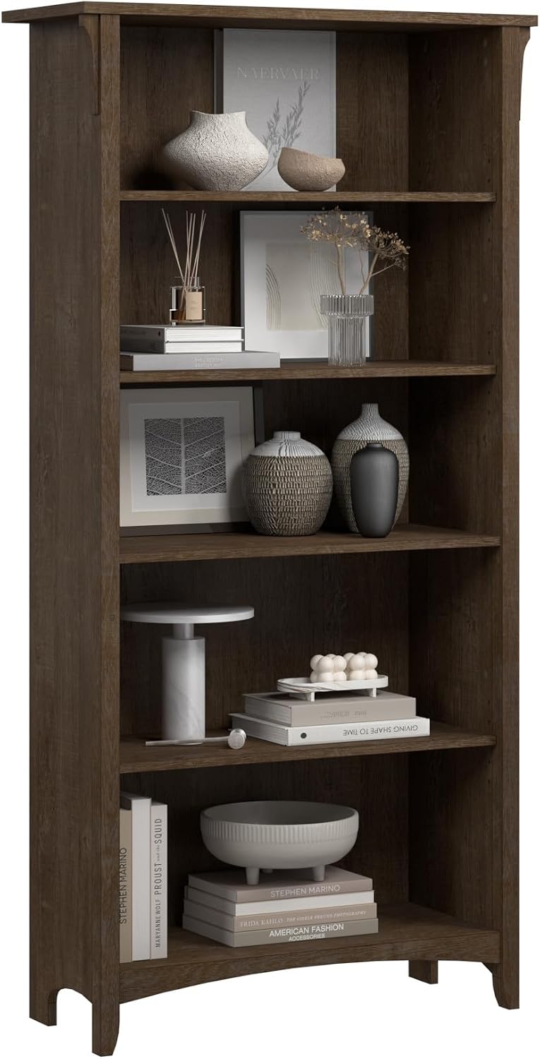 Bush Home Salinas 5 Shelf Bookcase in Ash Brown, Tall Bookshelf, Large Book Shelf for Living Room, Home Office, or Entryway