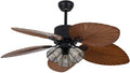 Tropical Ceiling Fan Outdoor Downrod Ceiling Fan with Sunset Bowl Light, Five Hand Carved Wooden Leaf Blades for Dining Bed Room Patio Porch (52Inch, 3Light)