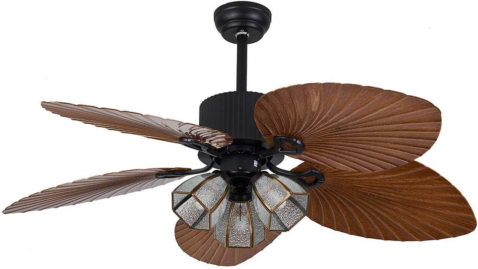 Tropical Ceiling Fan Outdoor Downrod Ceiling Fan with Sunset Bowl Light, Five Hand Carved Wooden Leaf Blades for Dining Bed Room Patio Porch (52Inch, 3Light)