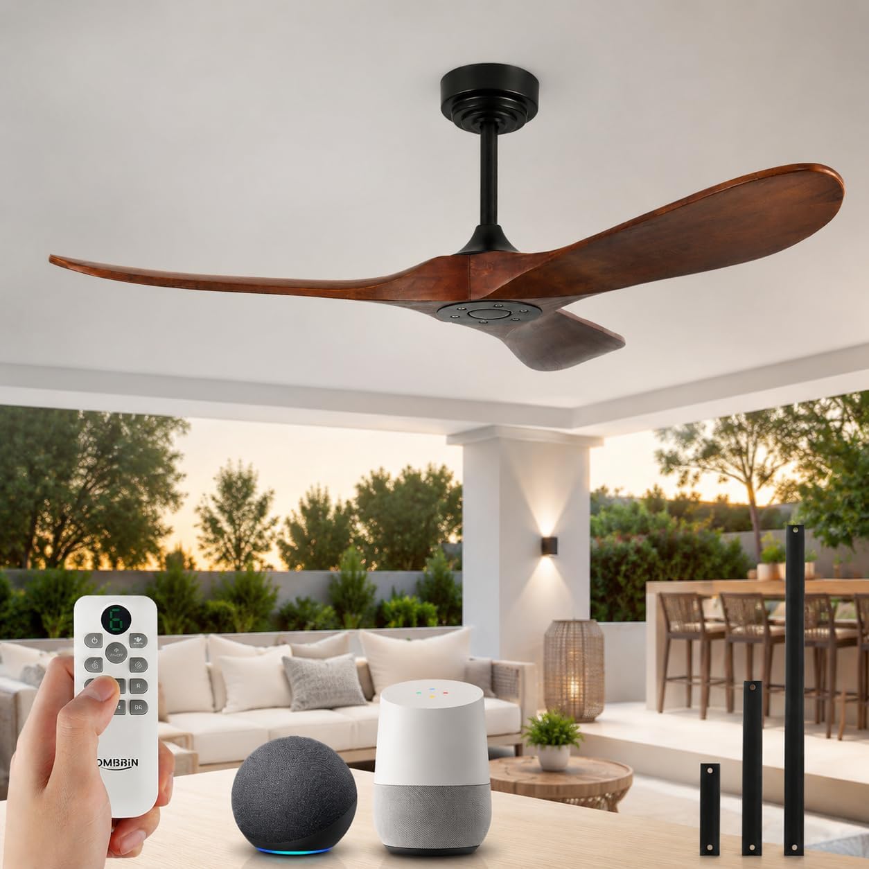 52 Inch Outdoor Ceiling Fan without Light, Smart Wood Ceiling Fan with Remote Control & Alexa/Google, 3 Blades High CFM for Patios Farmhouse Red Walnut