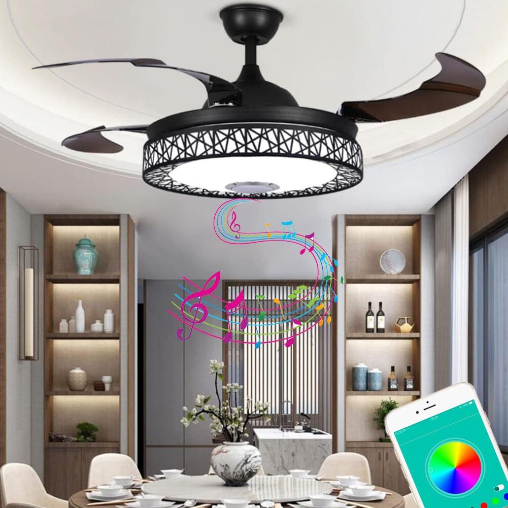 42' Retractable Ceiling Fans with Lights and Remote Control, Invisible Modern Chandelier Fan Lighting with Bluetooth Speaker Play Music 7 Colorful Dimmable Fixture for Bedroom/Living Room
