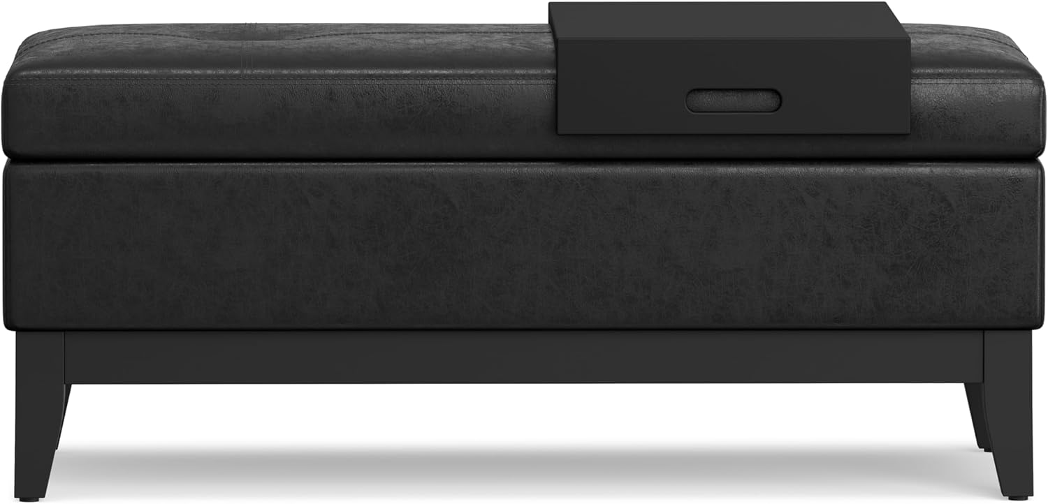 SIMPLIHOME Oregon Storage Ottoman Bench with Tray - 42 inch Wide Upholstered Vegan Leather Rectangle Ottoman Bench in Distressed Black, Transitional Tufted Ottoman for Living Room with Lift-Up Lid
