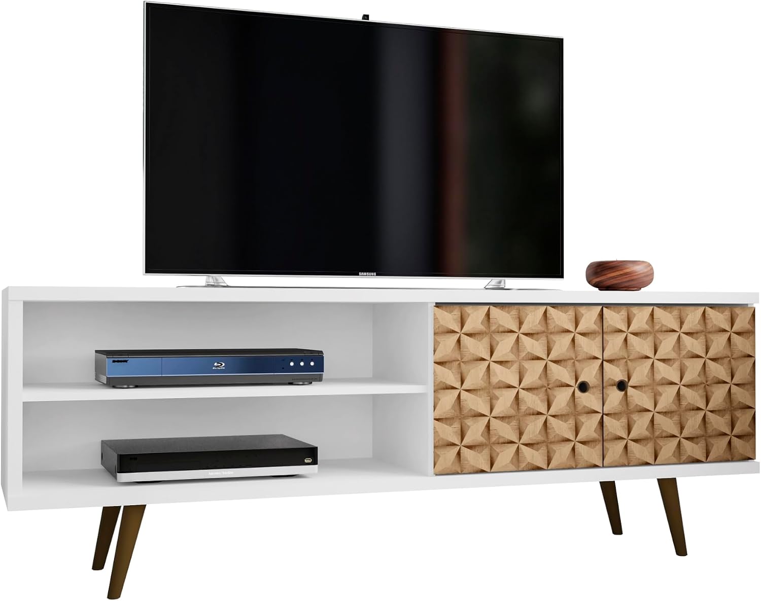 Manhattan Comfort Liberty Mid Century Modern TV Stand for Televisions up to 60 Inches, Bedroom and Living Room Entertainment Center with Storage, Shelves, and Cabinet, 63' Wide, White/3d Print