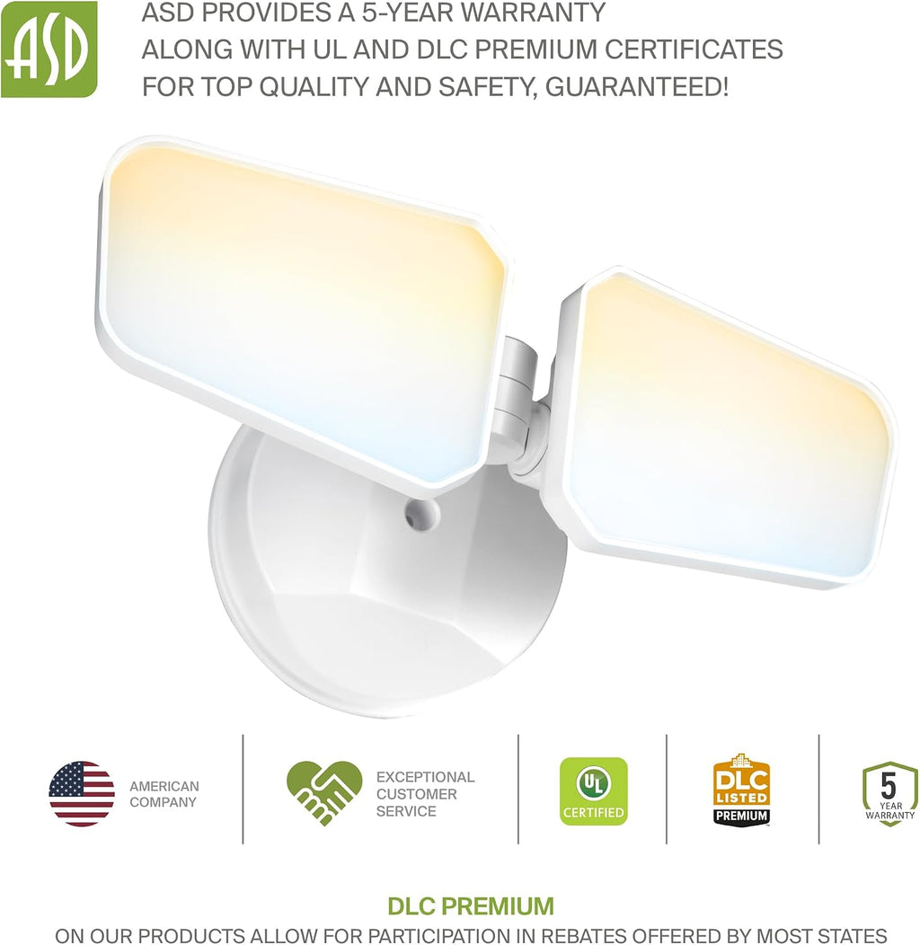 ASD LED Security Flood Lights Outdoor, 20W 5CCT 2700K-5000K, Rotatable Heads, Wired Flood Light, 150° Side-to-Side, 180° Up and Down, IP65 Wet Locations, UL DLC, 145000 hr Lifespan, White, 8 Pack