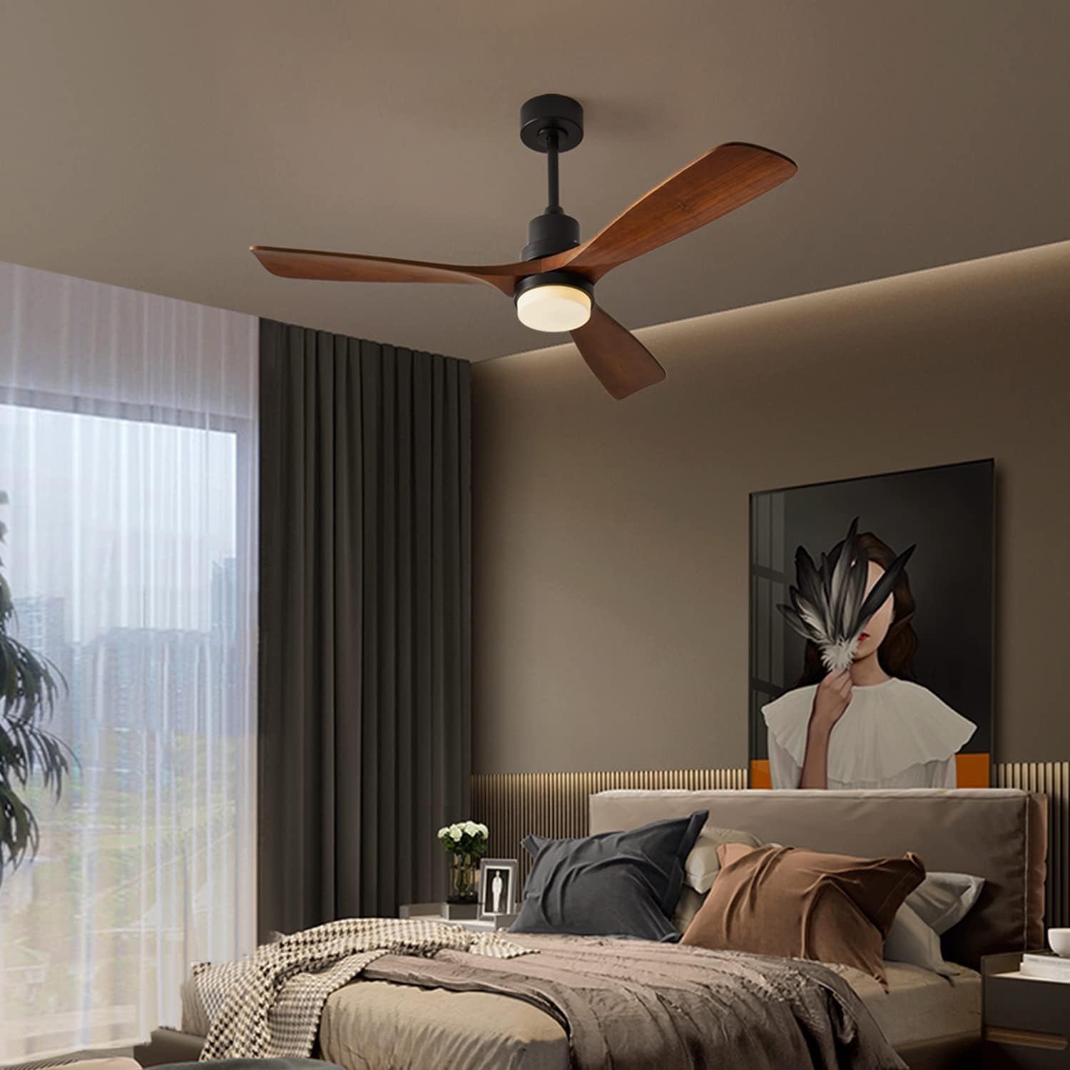Ceiling Fans with Lights, 60' Wood Ceiling Fan with Remote Control, 3 Walnut Fan Blades Reversible Quiet DC Motor 6 Speeds Timing Farmhouse Ceiling Fan for Bedroom/Living Room/Study/Porch