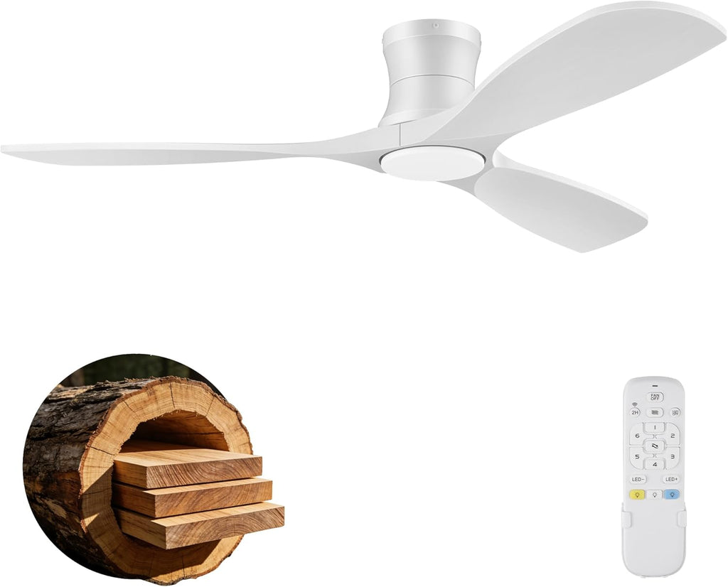 52 Inch Wood Ceiling Fans with Lights Remote,Low Profile Flush Mount Ceiling Fan with Light,Outdoor Indoor Modern Ceiling fan for Bedroom Living room Patio,White,3 Blades,Dimmable,6 Speed,Noiseless