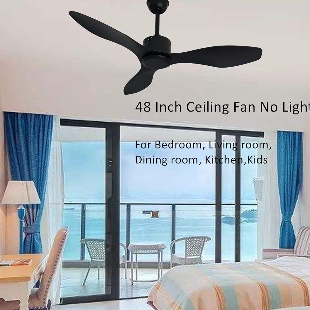 48 inch Ceiling Fan No Lights Remote Control 3 Blades Reversible DC Motor, Modern, Black