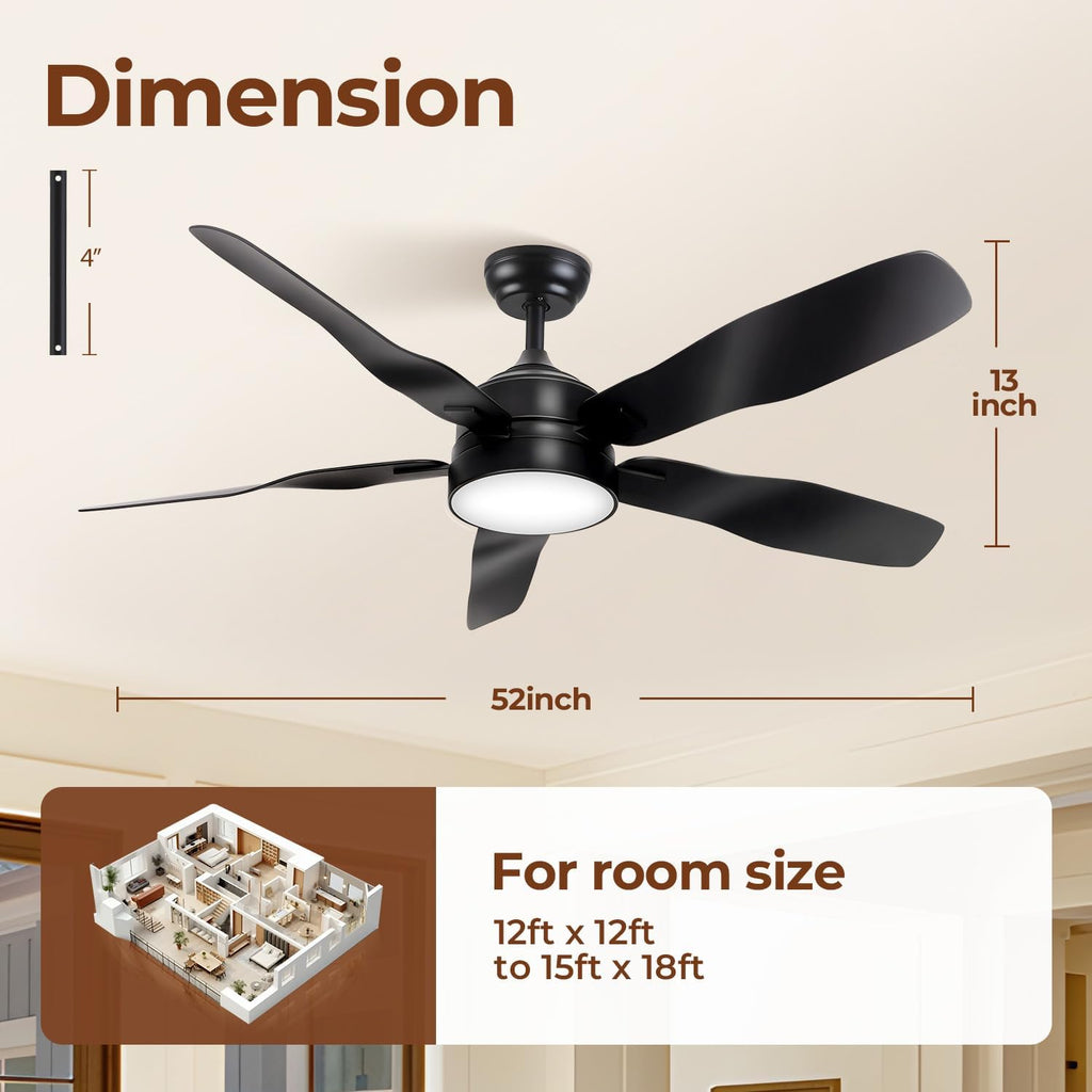 LAC D' LIGHTINGS Ceiling Fans with Lights, 52 Inch Black Ceiling Fan with Light and Remote 3 Color 6 Speed Adjustable, Noiseless DC Motor, Outdoor Fan for Indoor Outdoor Patio Farmhouse Bedroom