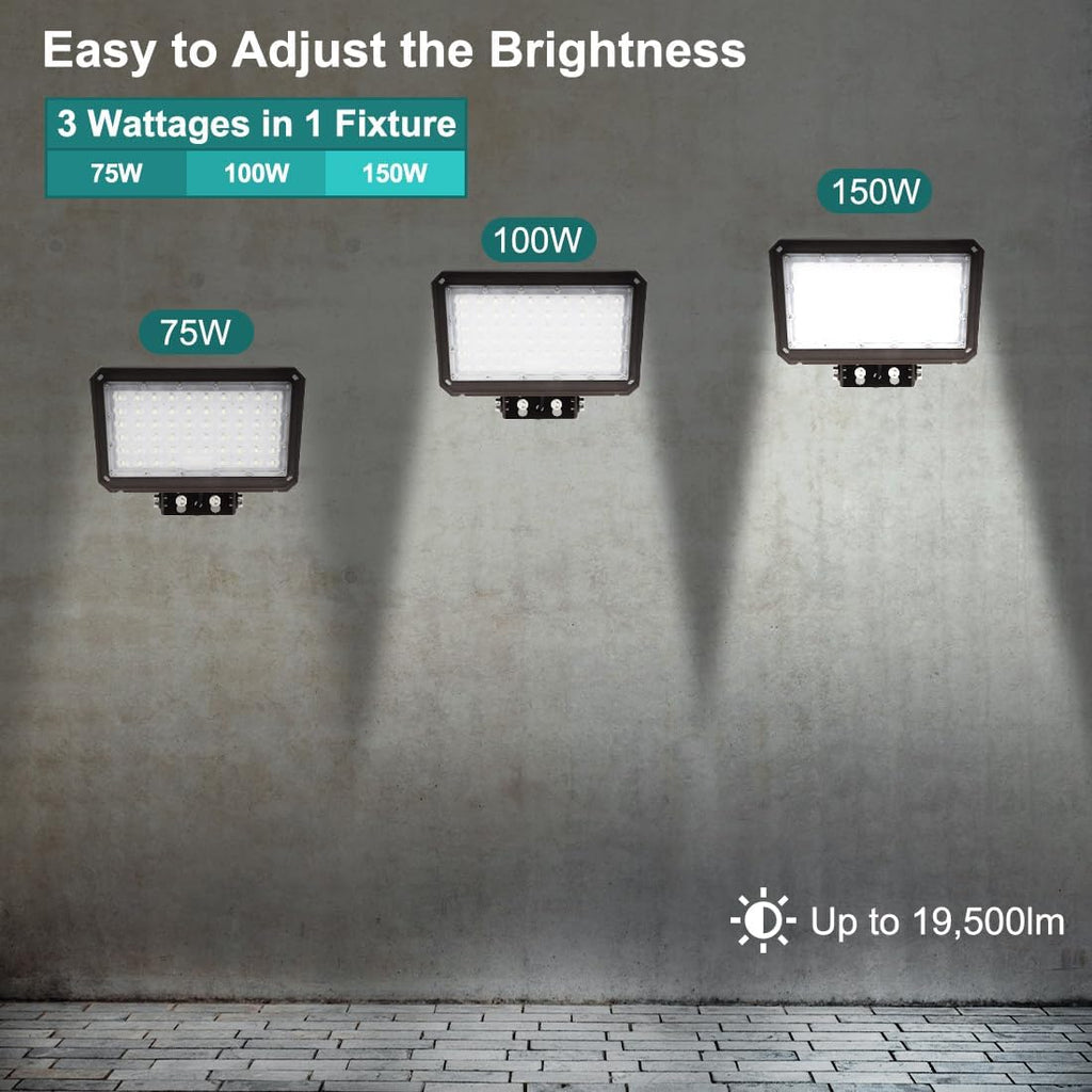 kadision 150W LED Flood Light with Dusk-to-Dawn Photocell, 150W/100W/75W Adjustable 130lm/W 5000K Daylight 100-277V IP65 Waterproof, Trunnion Mount LED Parking Lot Light, ETL Listed (Pack of 4)