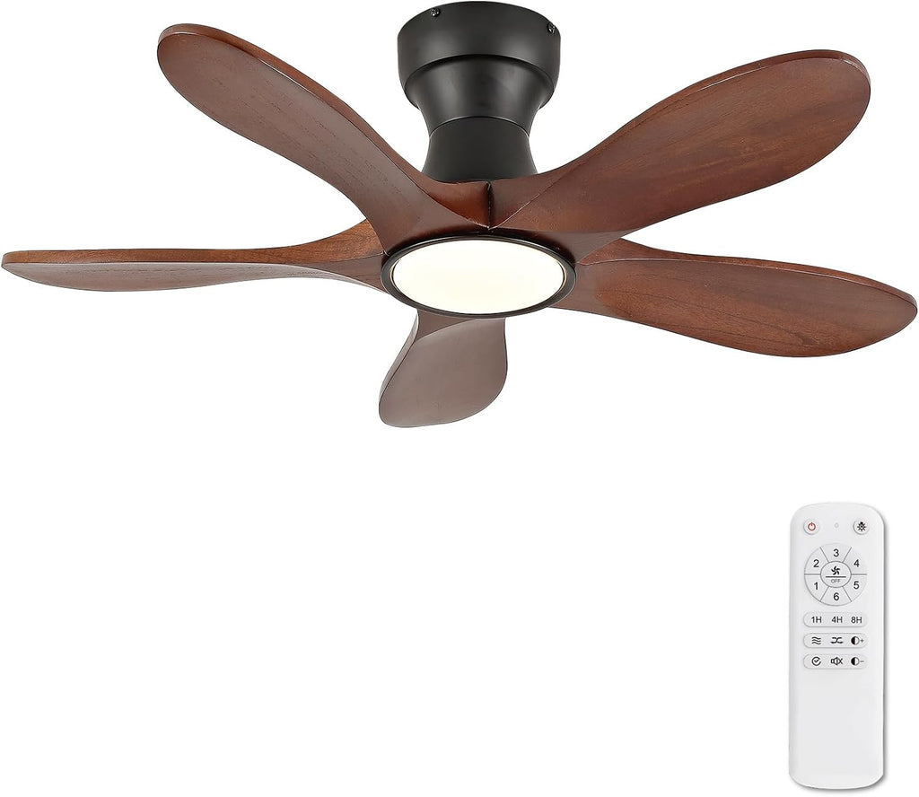 36 Inch Wood Flush Mount Ceiling Fans with Lights and Remote, Dimmable 5 Blade Wood Bedroom Ceiling Fan Outdoor Ceiling Fans for Patios Low Profile Ceiling Fan with Light for Bedroom Indoor