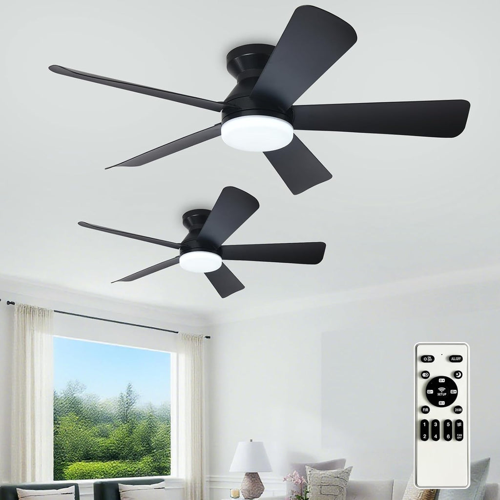 Depuley 42-Inch Ceiling Fans with Lights: Flush Mount Ceiling Fan with Remote Control Indoor/Outdoor- Black 5 Blade Low Profile Fandelier for Kitchen Gazebo - Reversible Quiet Timer - 2 Packs
