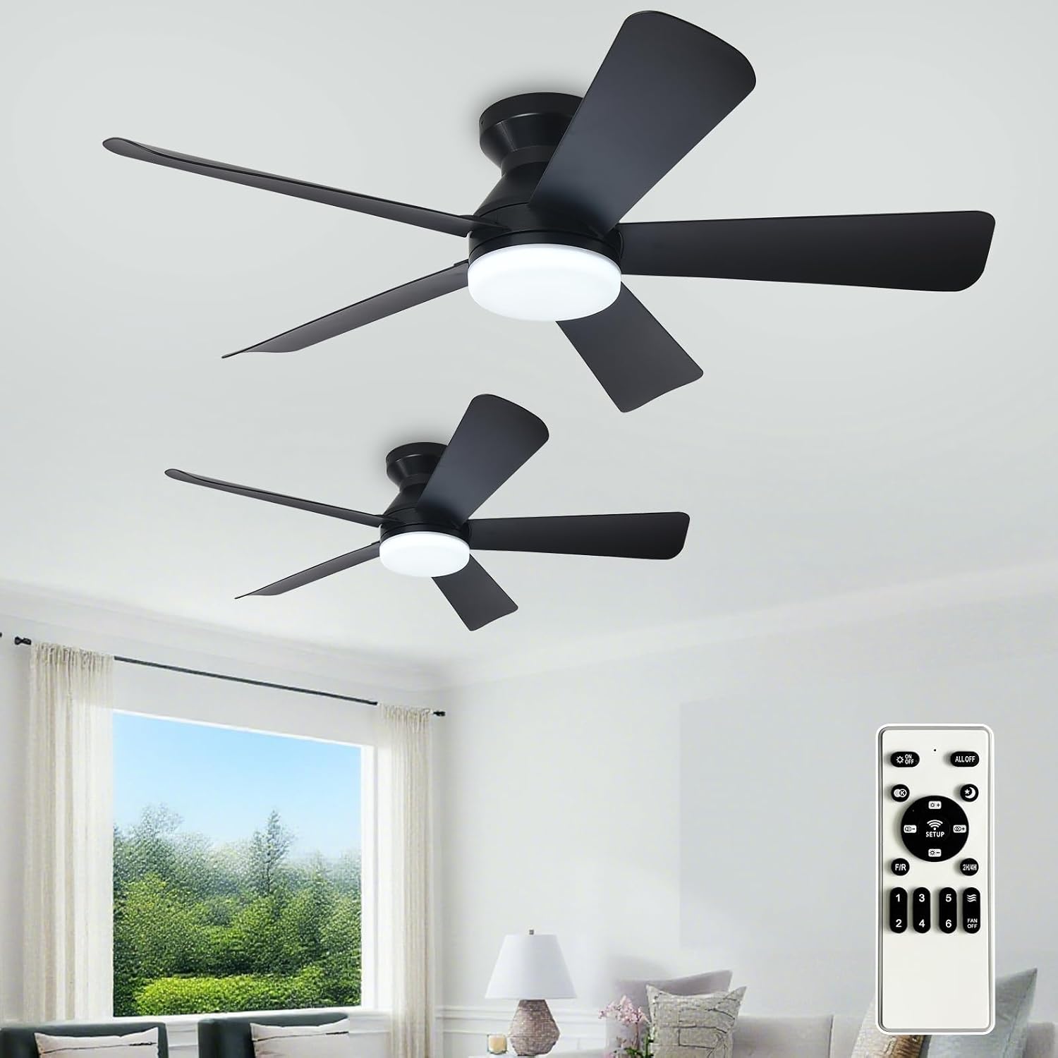 Depuley 42-Inch Ceiling Fans with Lights: Flush Mount Ceiling Fan with Remote Control Indoor/Outdoor- Black 5 Blade Low Profile Fandelier for Kitchen Gazebo - Reversible Quiet Timer - 2 Packs