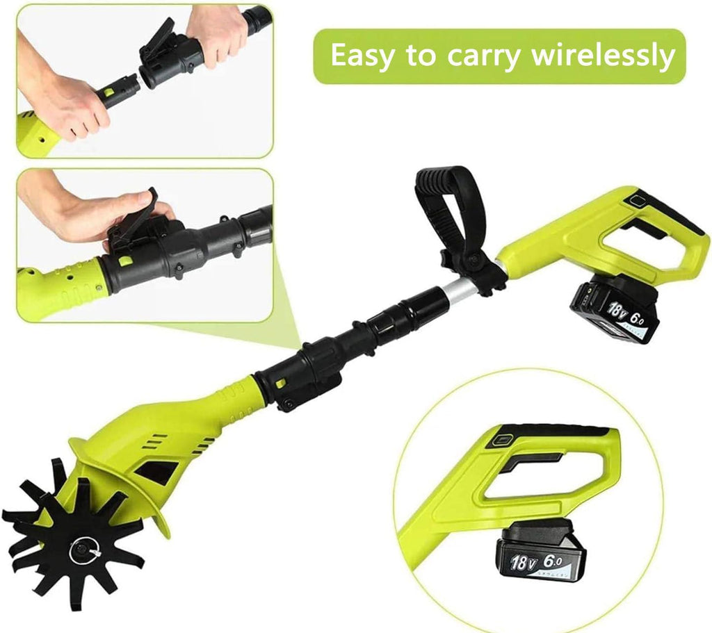 20V Cordless Tiller Cultivator, Battery Powered Electric Garden Cultivator with 3.18-4.16FT Extendable Pole, Handheld Mini Tiller for Gardening, 9.84' Depth 3.94' Width,2batteries