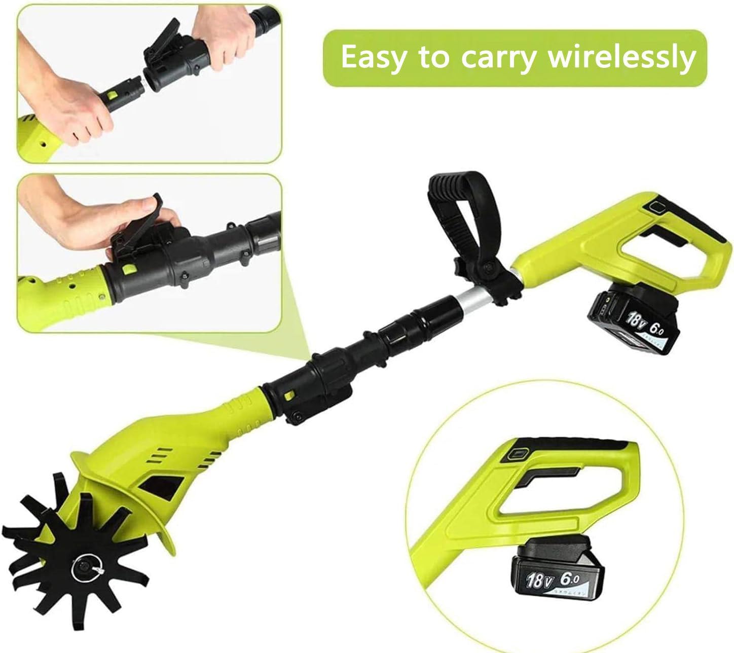 20V Cordless Tiller Cultivator, Battery Powered Electric Garden Cultivator with 3.18-4.16FT Extendable Pole, Handheld Mini Tiller for Gardening, 9.84' Depth 3.94' Width,2batteries