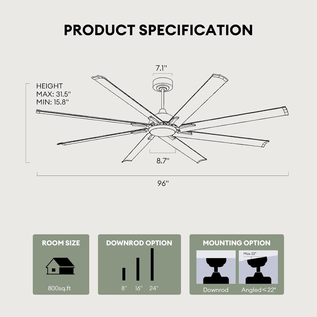 LuminFan 96 Inch Large Ceiling Fan with 8 Aluminum Blades, 6-Speed, 3-CCT, Turbo DC Motor, Remote Black Ceiling Fan for Living Room, Warehouse, Garage - Heavy-Duty Industrial Design