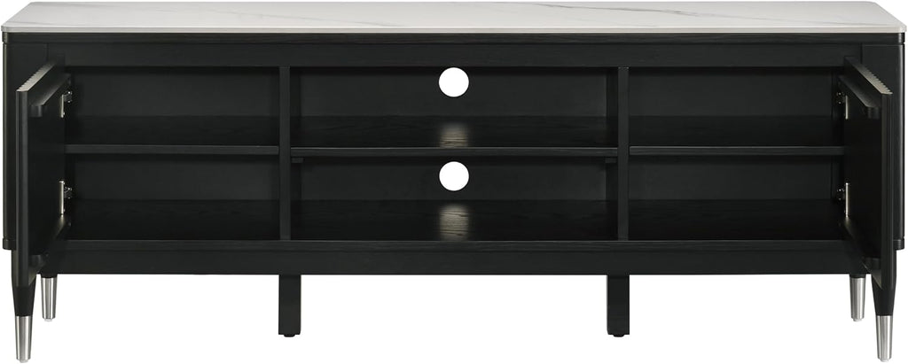 Furniture of America Miranda Modern Solid Wood 71-inch TV Stand with Sintered Stone Top, Reeded Front Panels, Open Shelf, Cable Management for Living Room, Black and White
